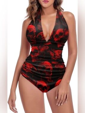 Black & Red Skull Halter One-Piece Tummy Control slimming Swimsuit-SZ L☠️NWOT